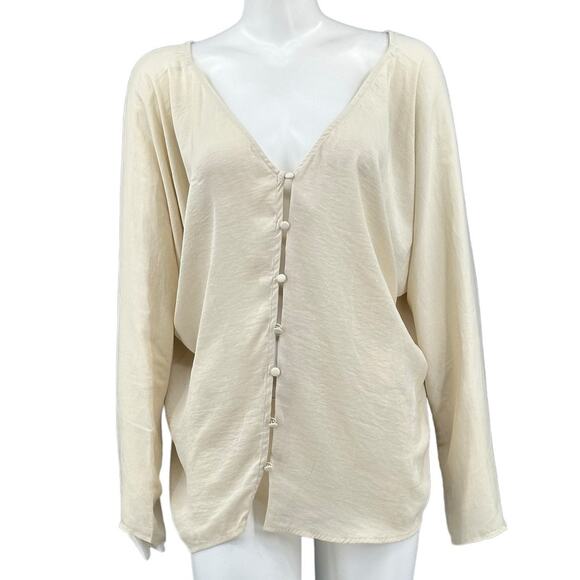 LPA Top Womens XL Ivory Button Up Satiny V-Neck Boxy Neutral Feminine Minimalist - Picture 1 of 9